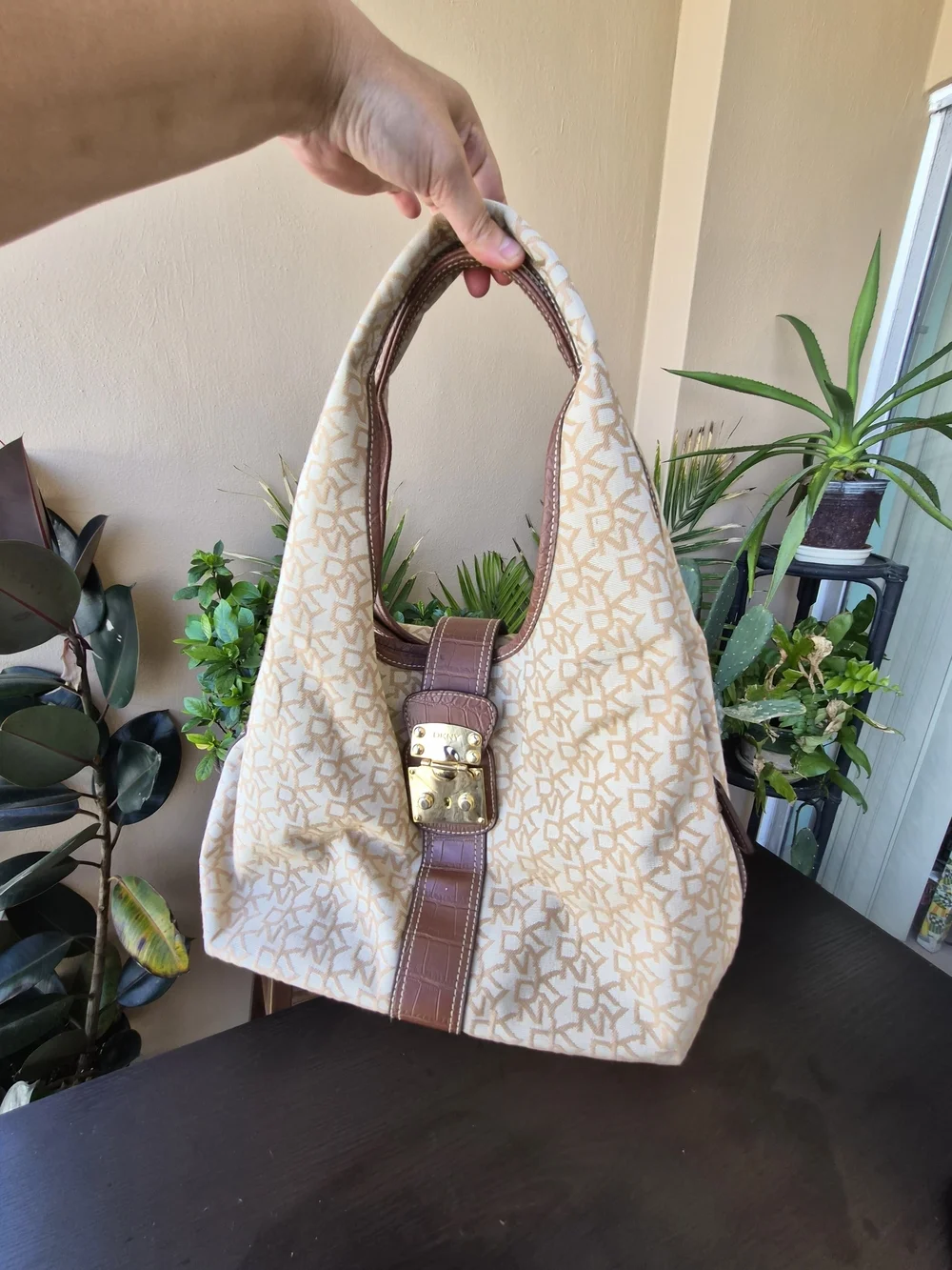 Vintage DKNY Logo Canvas Leather Trim Hobo Bag Gold Lock Beige Brown